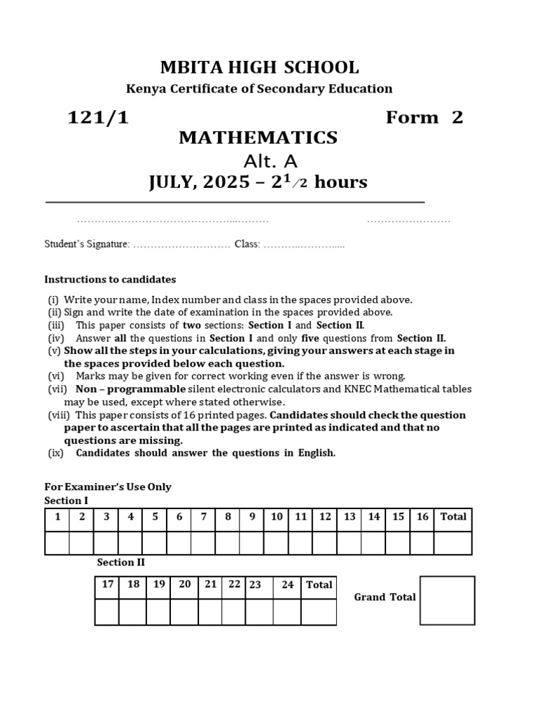 Form 2 Maths Holiday Assignment 2025 | PDF | Shilling | Area