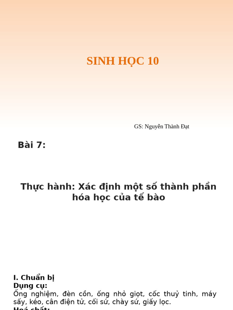 CTST Bai 7 Thuc Hanh Xac Dinh Mot So Thanh Phan Hoa Hoc Cua Te Bao | PDF