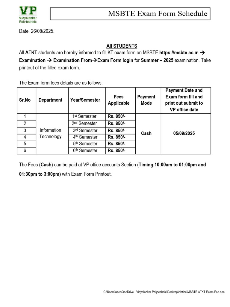 MSBTE ATKT Exam Fees for 2025 | PDF
