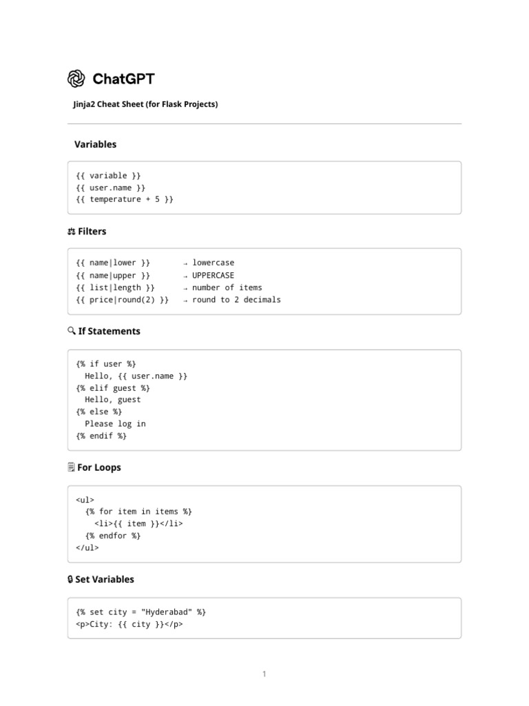 Jinja2 Cheat Sheet for Flask Projects | PDF