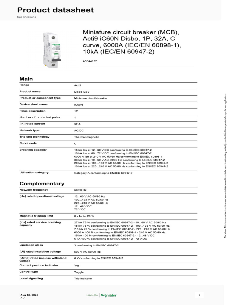 Acti9 iC60N Disbo MCB Specifications | PDF | Alternating Current ...