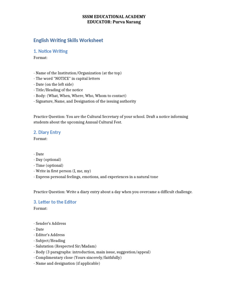 English Writing Skills Worksheet Guide | PDF