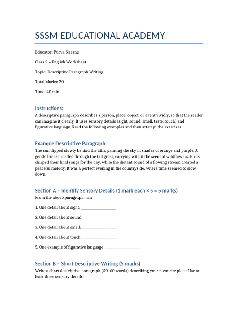 Class 9 Descriptive Paragraph Worksheet | PDF