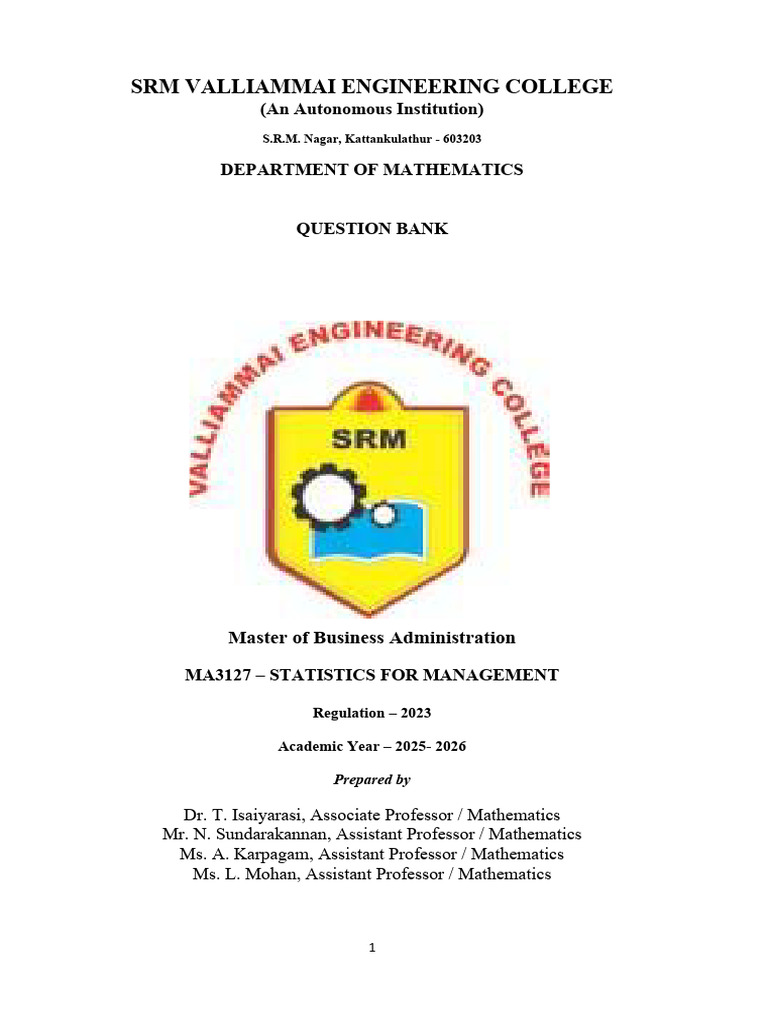 MBA Statistics Question Bank 2025-2026 | PDF | Probability Distribution ...