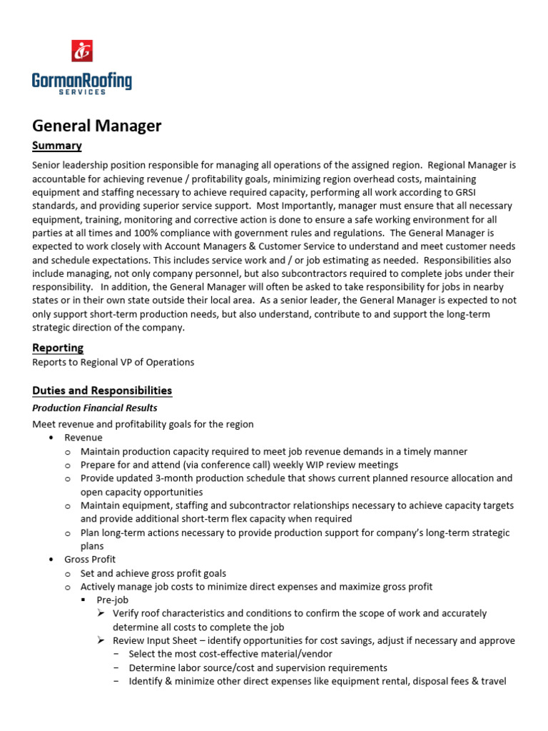 General Manager Job Responsibilities Overview | PDF | Occupational ...