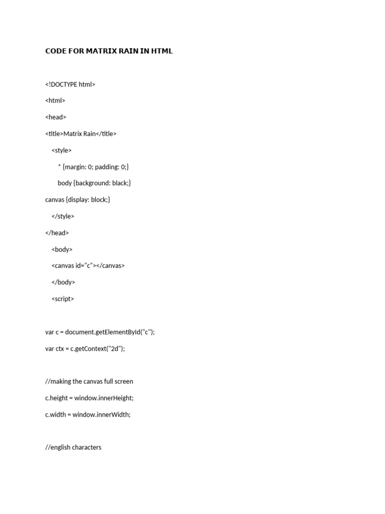 HTML Code for Matrix Rain Effect | PDF