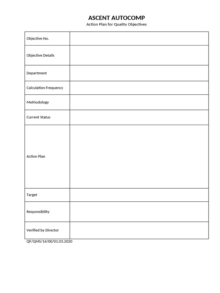 QF-QMS-14 Action Plan For Quality Obj. | PDF