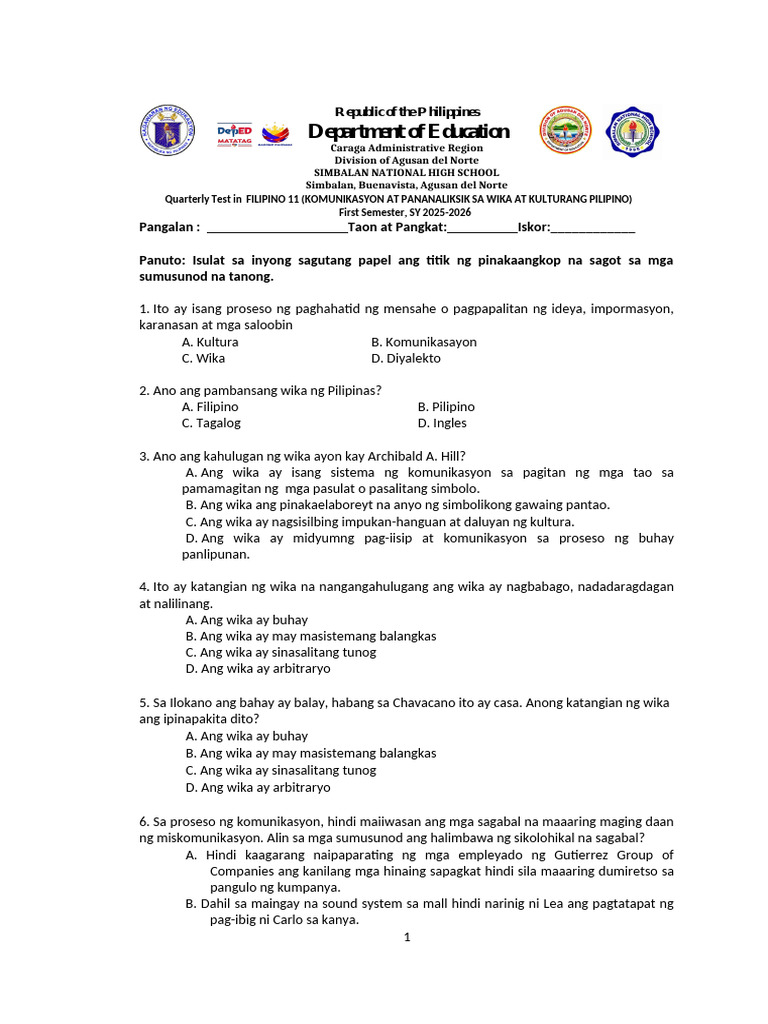 Filipino 11 Summative Test | PDF
