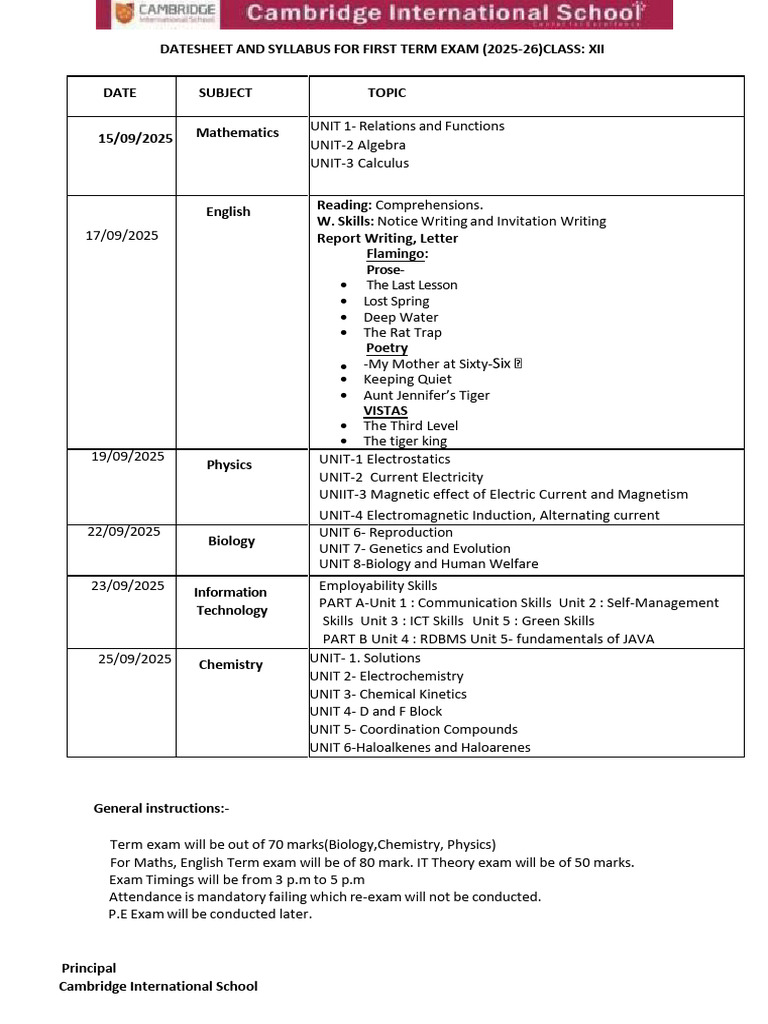 Class XII First Term Exam Datesheet 2025 | PDF | Mathematics