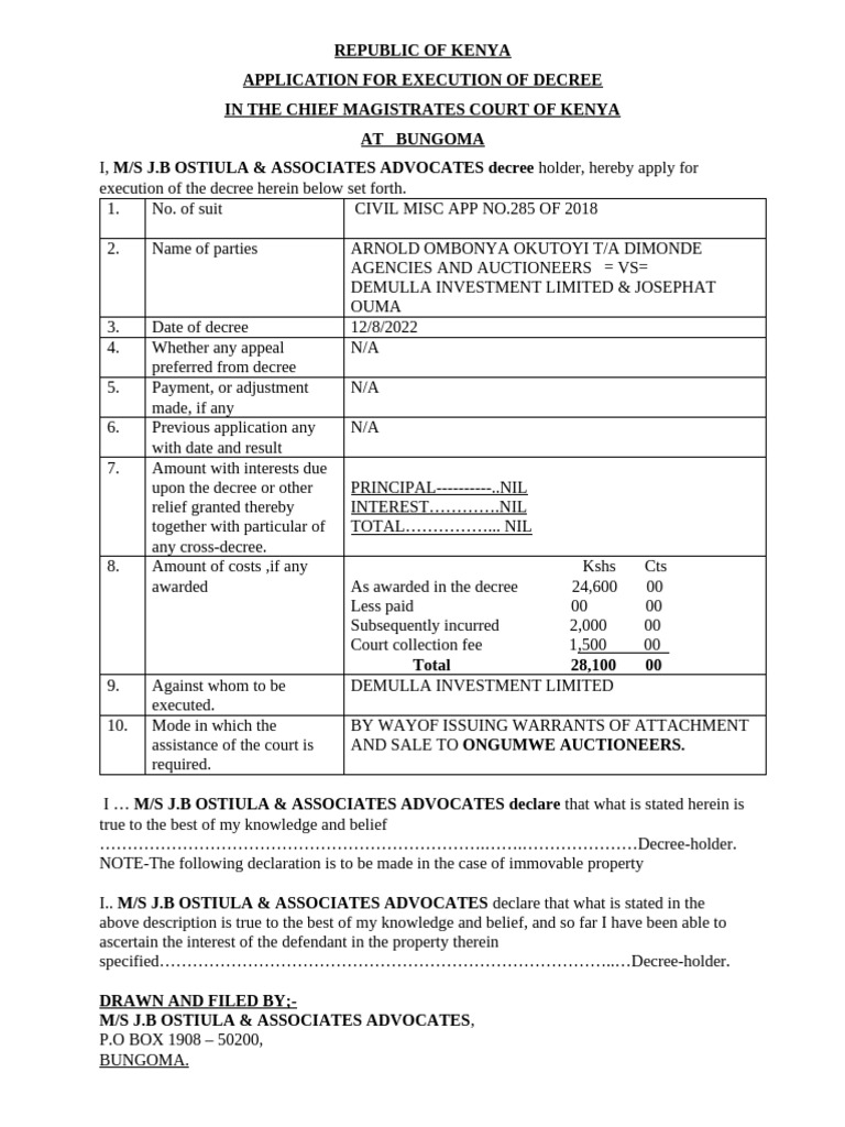 Execution Application in Bungoma Court | PDF