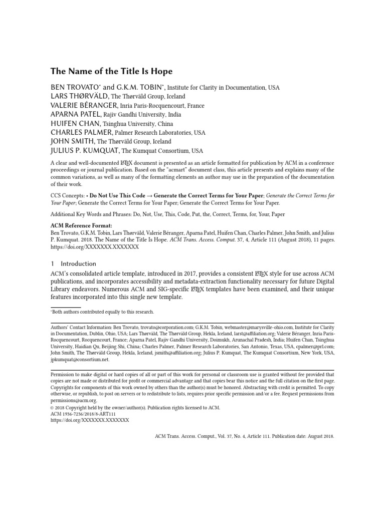 ACM LaTeX Article Template Guide | PDF | Association For Computing ...