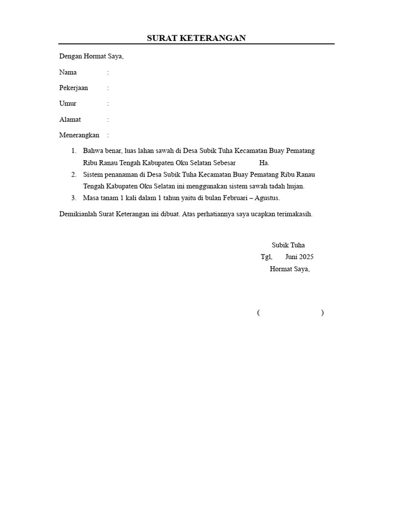 Surat Keterangan Lahan Sawah Subik Tuha | PDF