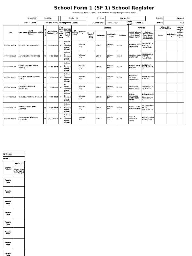 Danao City Grade 1 School Register 2025 | PDF