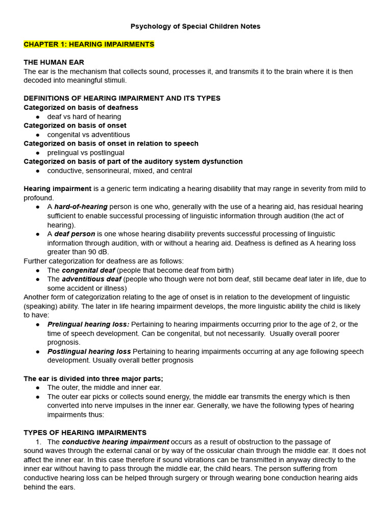 Psychology of Special Children Notes - Finals | PDF | Hearing Loss ...