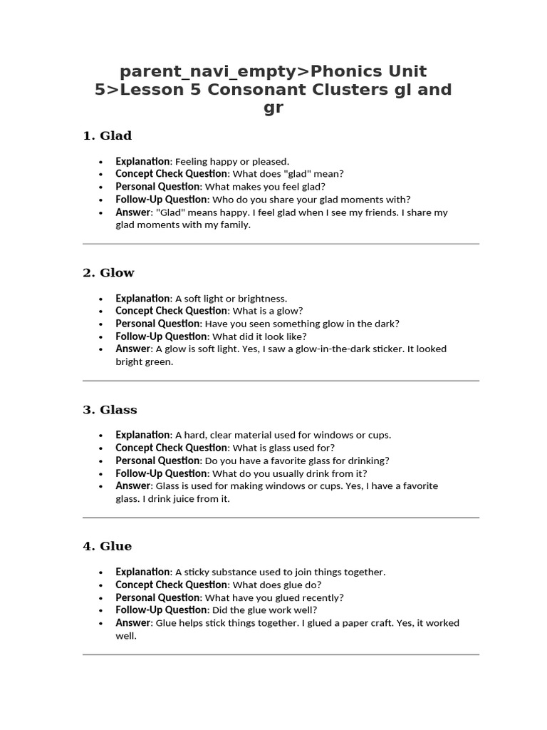 Consonant Clusters: gl and gr Lessons | PDF | Foods | Grape