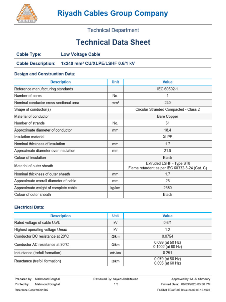 240 mm² CU/XLPE/LSHF Low Voltage Cable | PDF | Insulator (Electricity ...