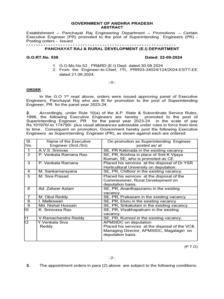 Andhra Pradesh Superintending Engineer Promotions | PDF | Government Of ...