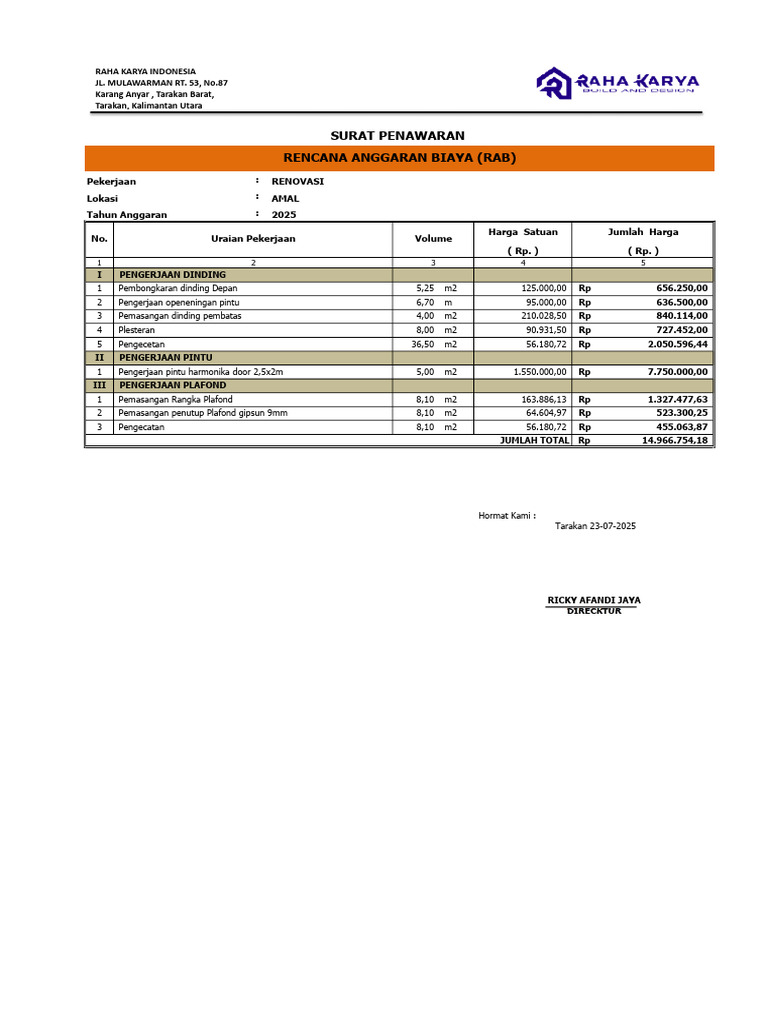 RAB Renovasi Dinding dan Plafond 2025 | PDF