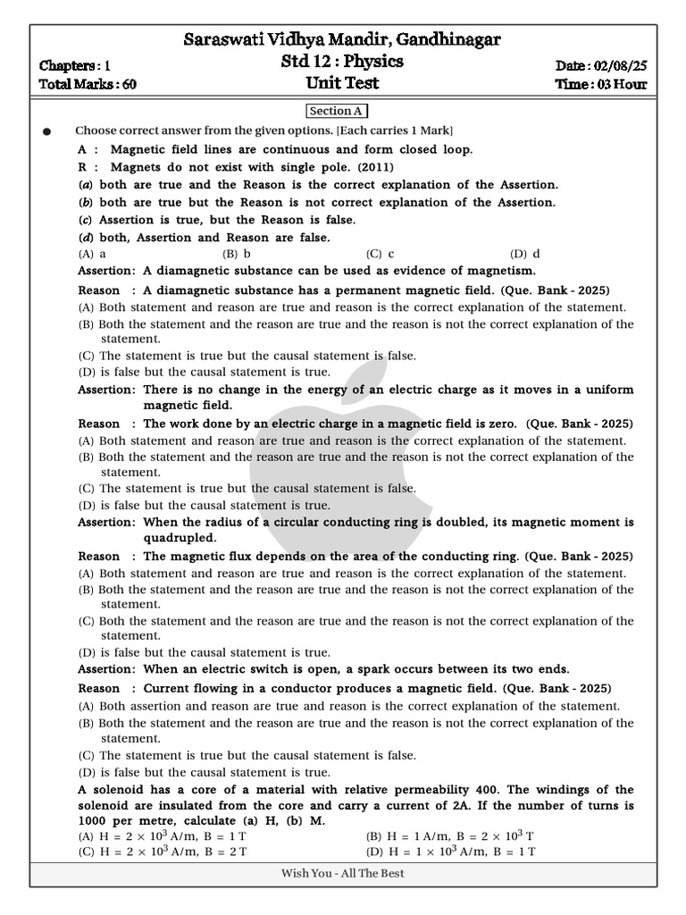 Std 12 Physics Unit Test Questions | PDF | Magnetism | Inductance