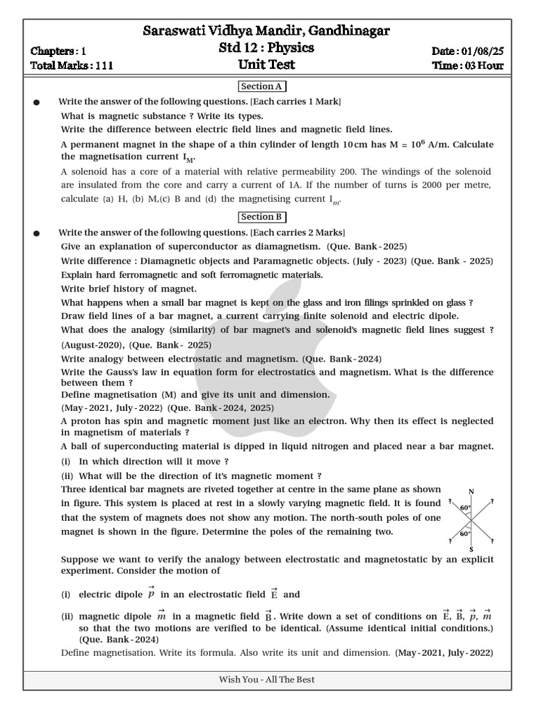 Std 12 Physics Unit Test: Magnetism Concepts | PDF | Magnetism ...