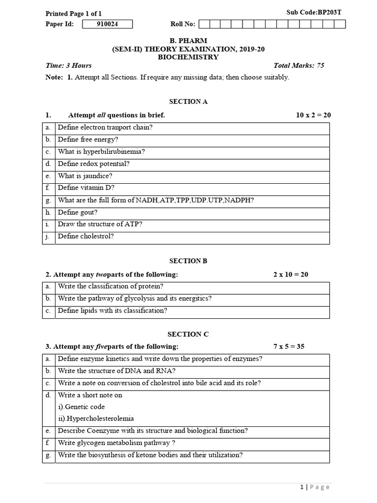 B. Pharm Biochemistry Exam Paper 2022-23 | PDF | Biosynthesis | Metabolism