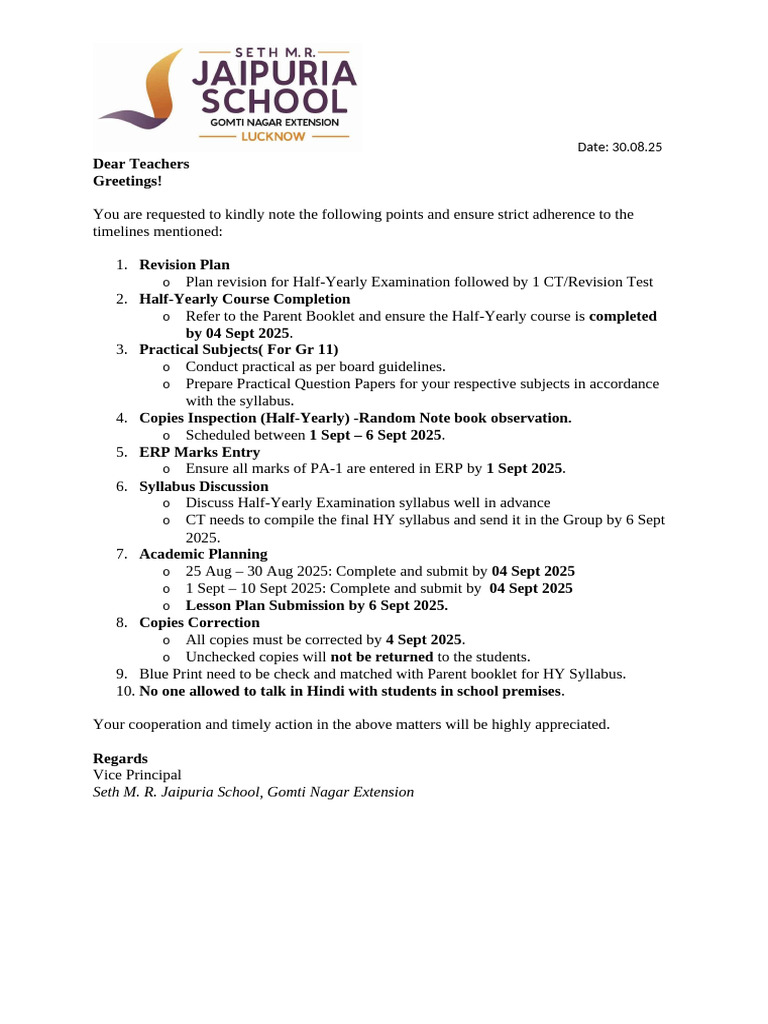 Academic Circular for Half-Yearly Exams | PDF