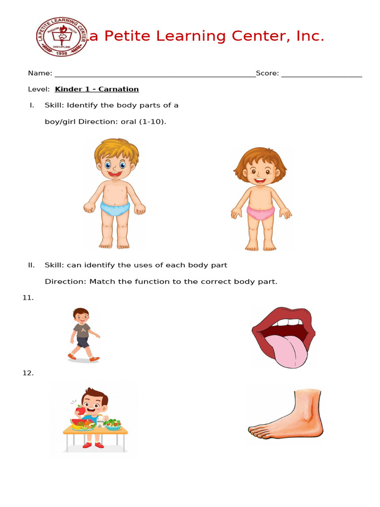 Kinder Body Parts and Functions Assessment | PDF