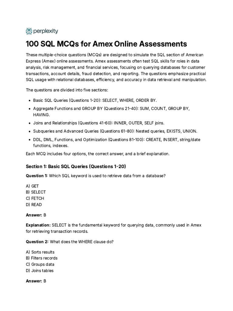 SQL MCQs for Amex Assessments | PDF | Sql | Data Management