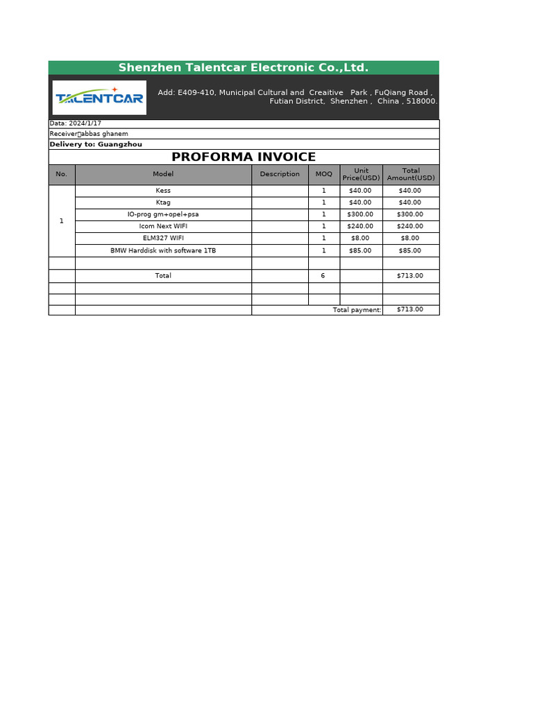 Proforma Invoice for Shenzhen Electronics | PDF