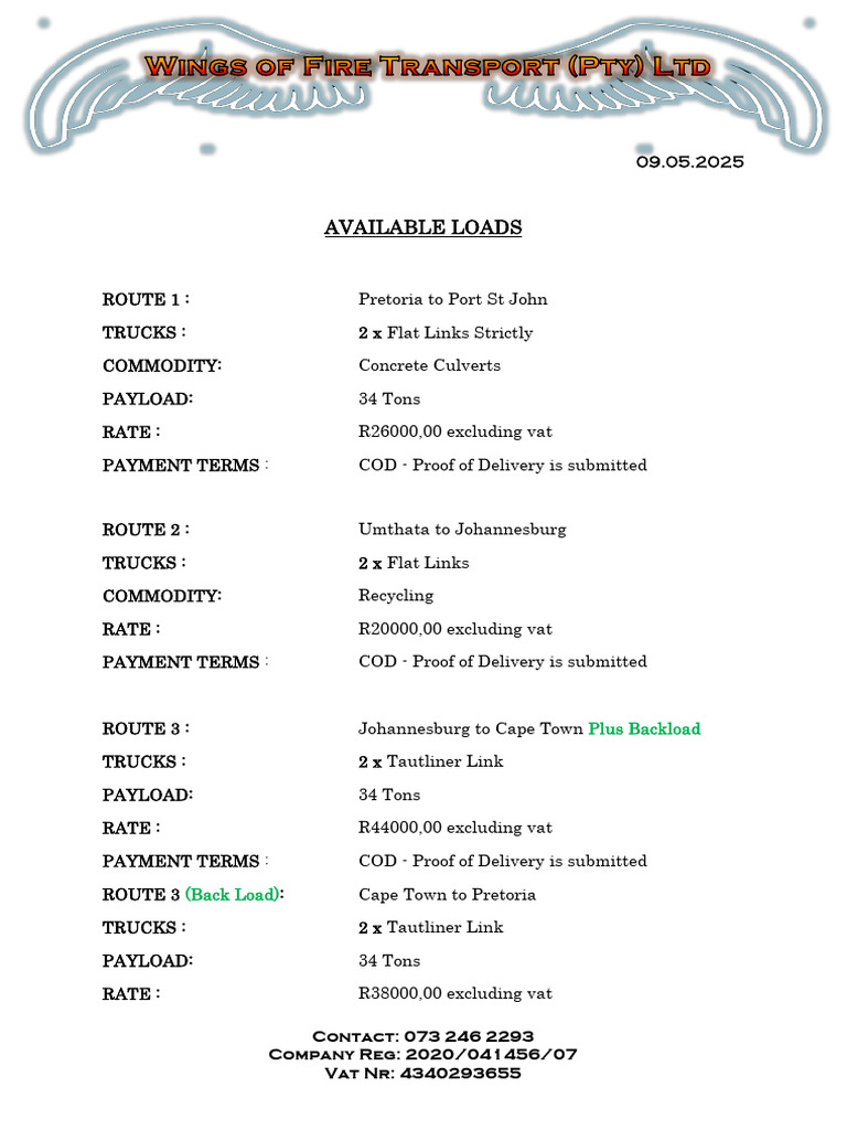 Available Truck Loads and Rates | PDF