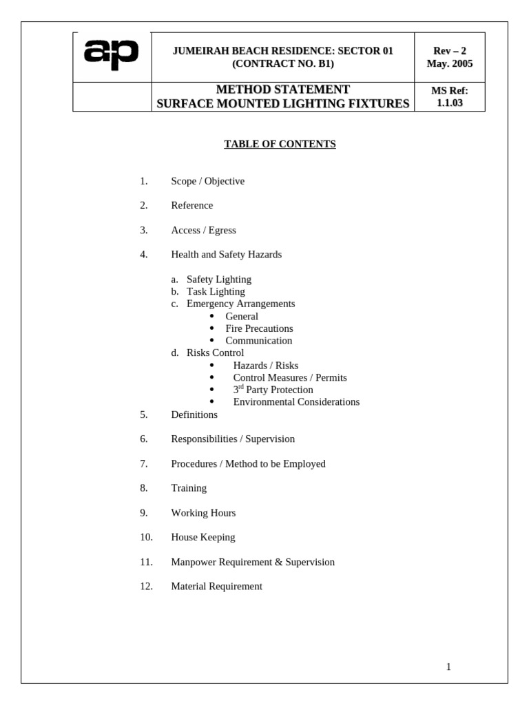 Method Statement for Lighting Fixtures | PDF | Lighting | Occupational ...