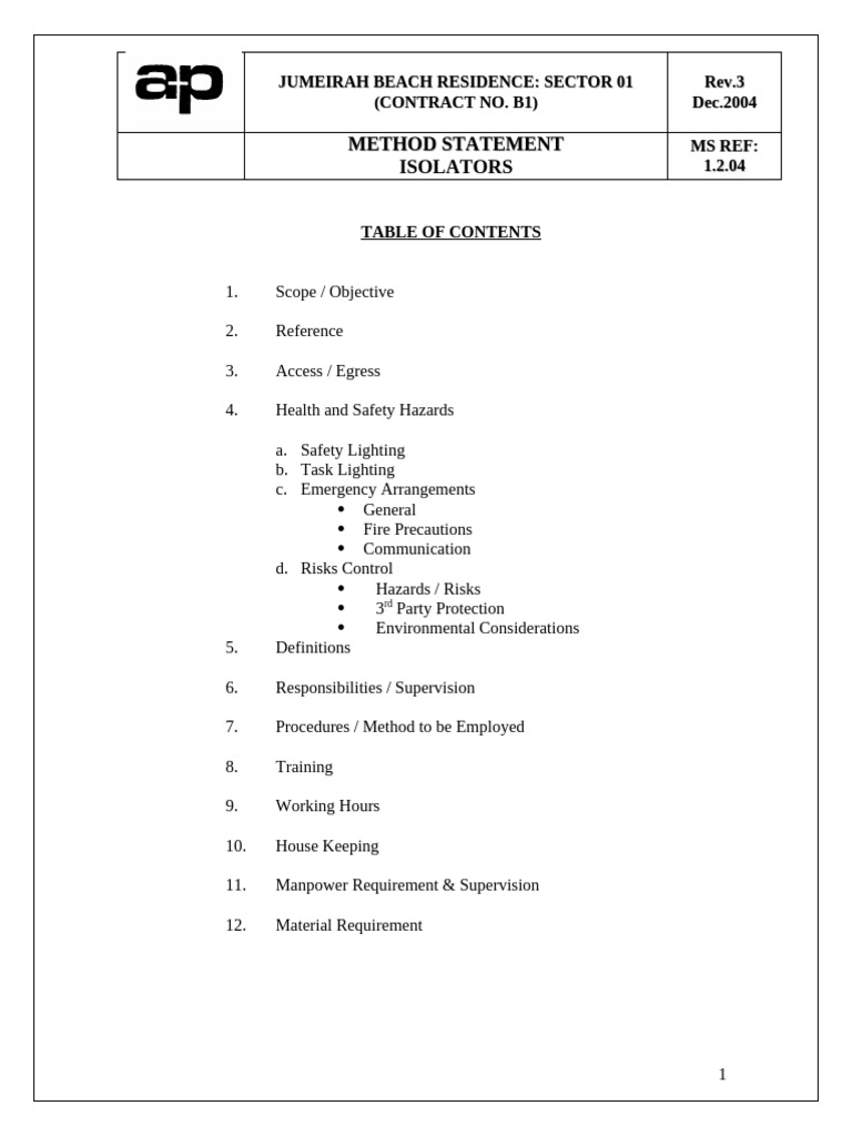 Isolators Installation Method Statement | PDF | Occupational Safety And ...