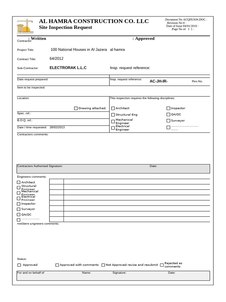 Site Inspection Request for Al Jazera Project | PDF