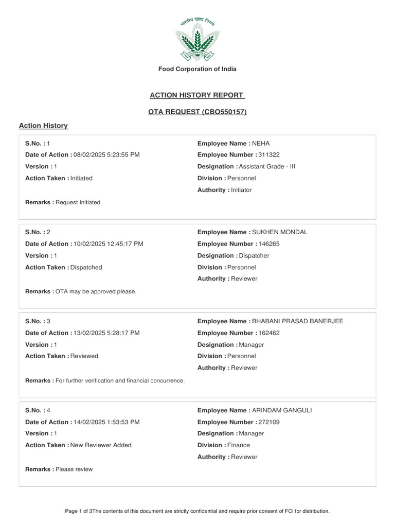 FCI OTA Request Action History Report | PDF