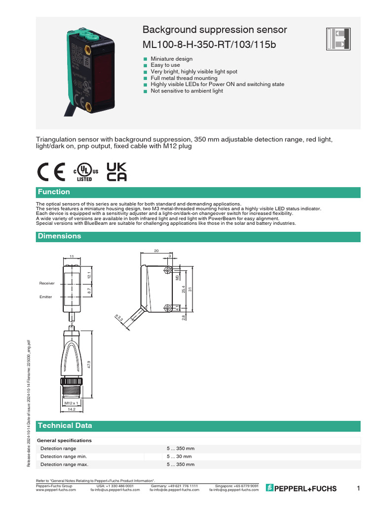 Background Suppression Sensor ML100-8 | PDF