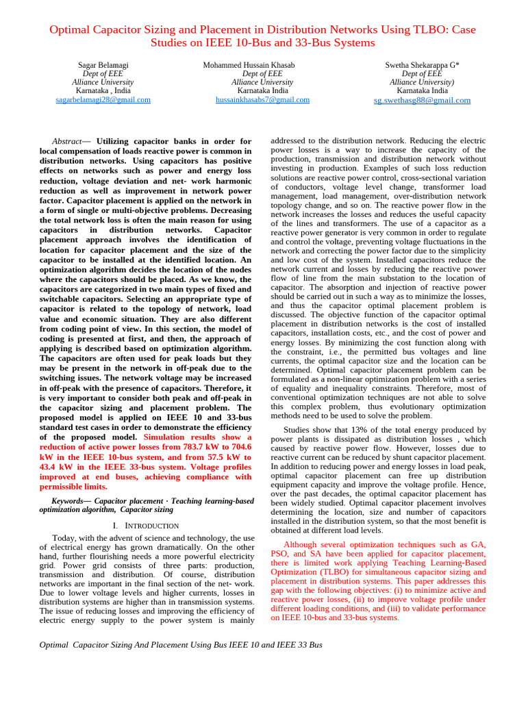 Capacitor Sizing & Placement Optimization | PDF | Capacitor | Ac Power