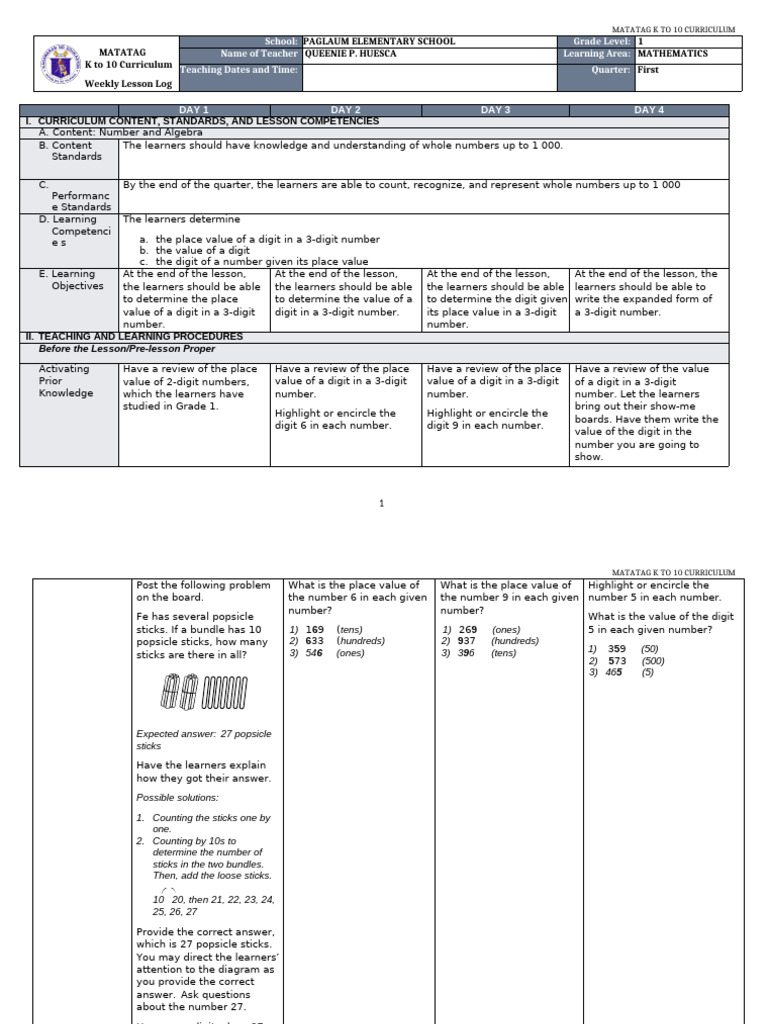K-10 Math Weekly Lesson Log | PDF | Curriculum | Numbers