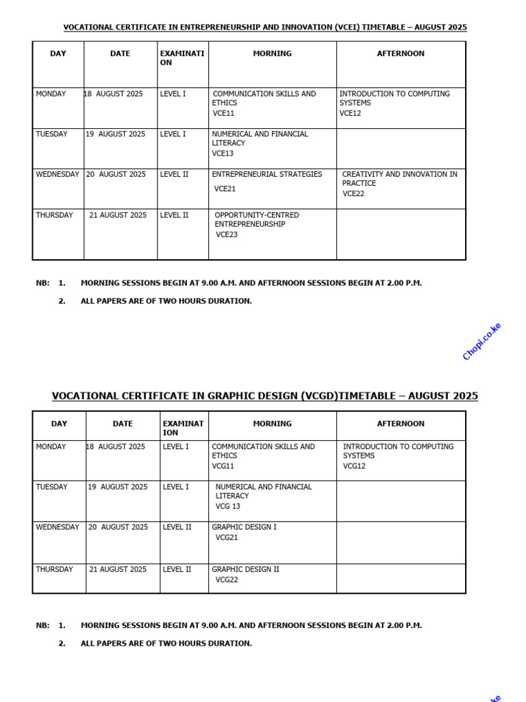 VCEI Exam Timetable - August 2025 | PDF | Accounting | Analytics