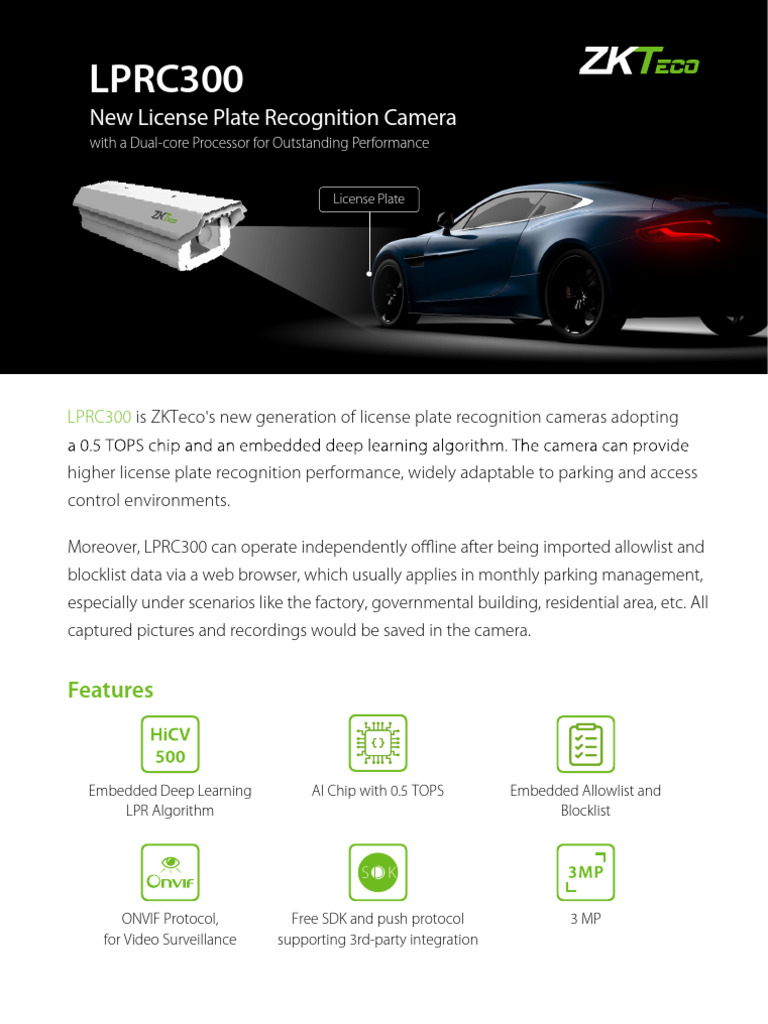 ZKTeco LPRC300 License Plate Camera | PDF | Camera | Computer Engineering