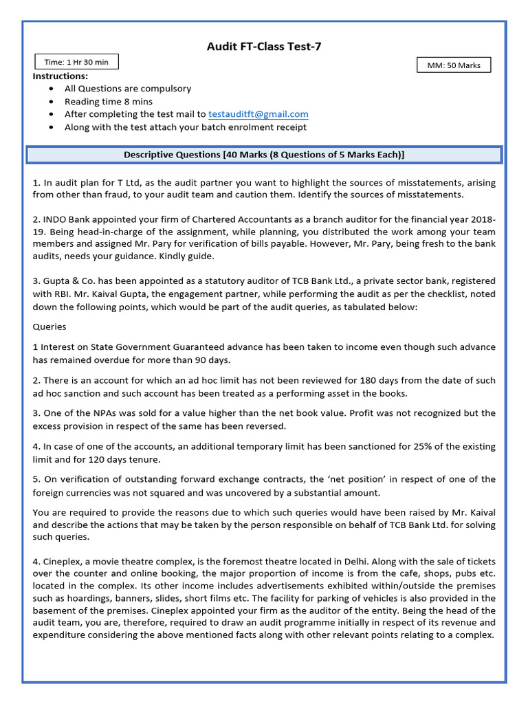 FT-Class Test-7 Audit Questions and Guidelines | PDF | Audit | Banks