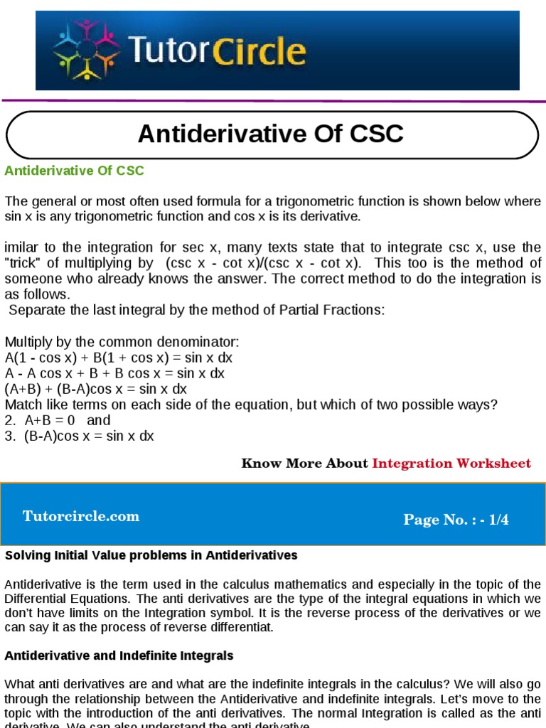 Anti Derivative Of Csc Pdf Integral Trigonometric Functions