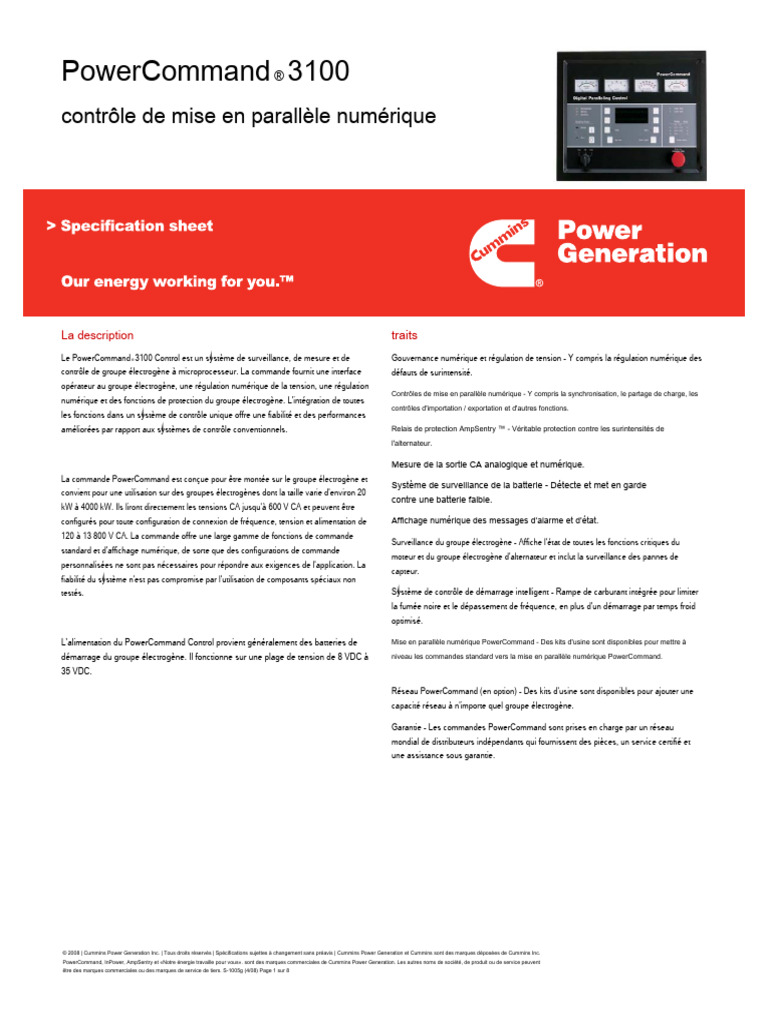 Système de contrôle PowerCommand 3100 | PDF | Interrupteur | Générateur ...