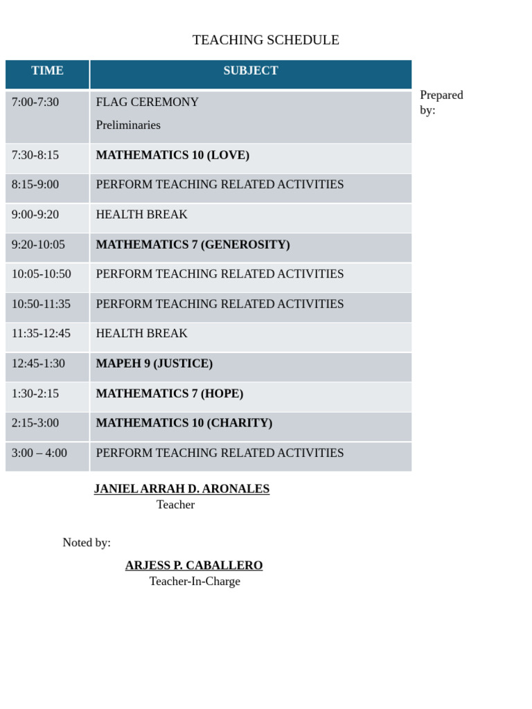 Weekly Teaching Schedule Overview | PDF