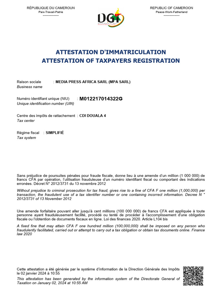 Attestation d'immatriculation fiscale MPA SARL | PDF