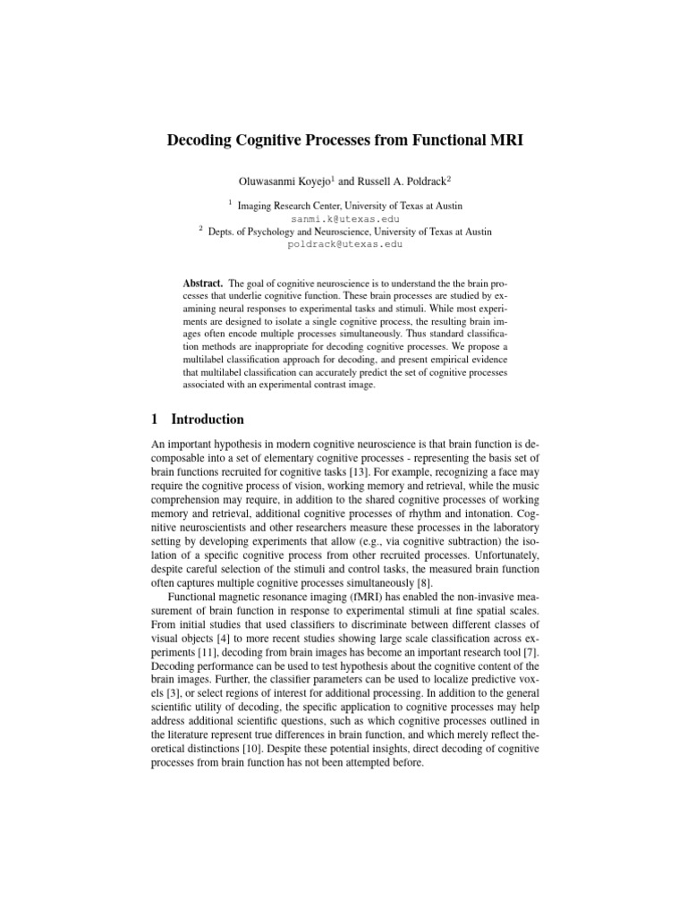Koyejo Poldrack Decoding Cognitive Processes From Functional MRI | PDF ...