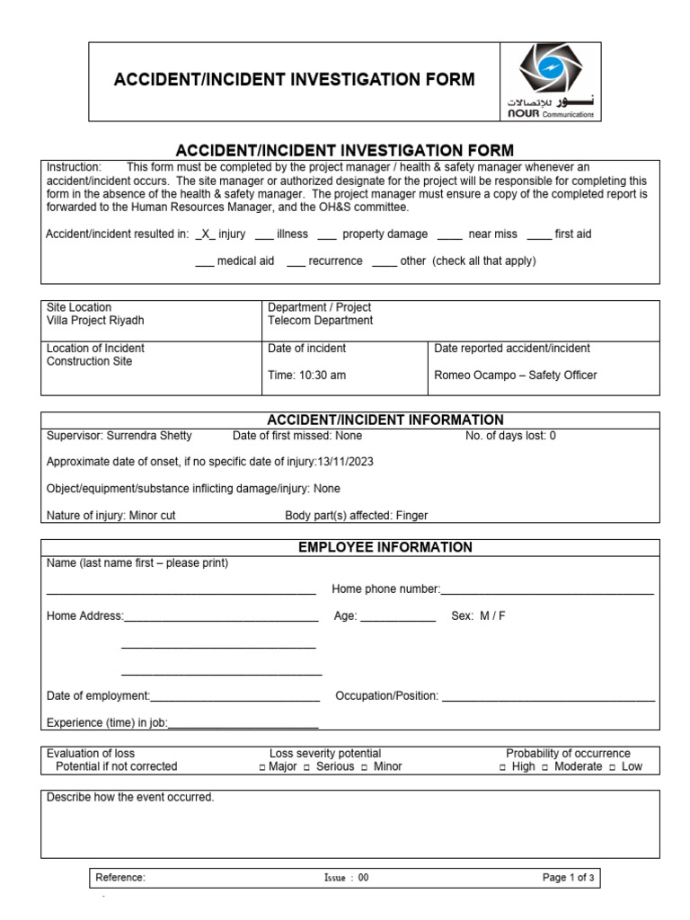 Accident and incident investigation form with site location, incident information, employee information, and investigation fields
