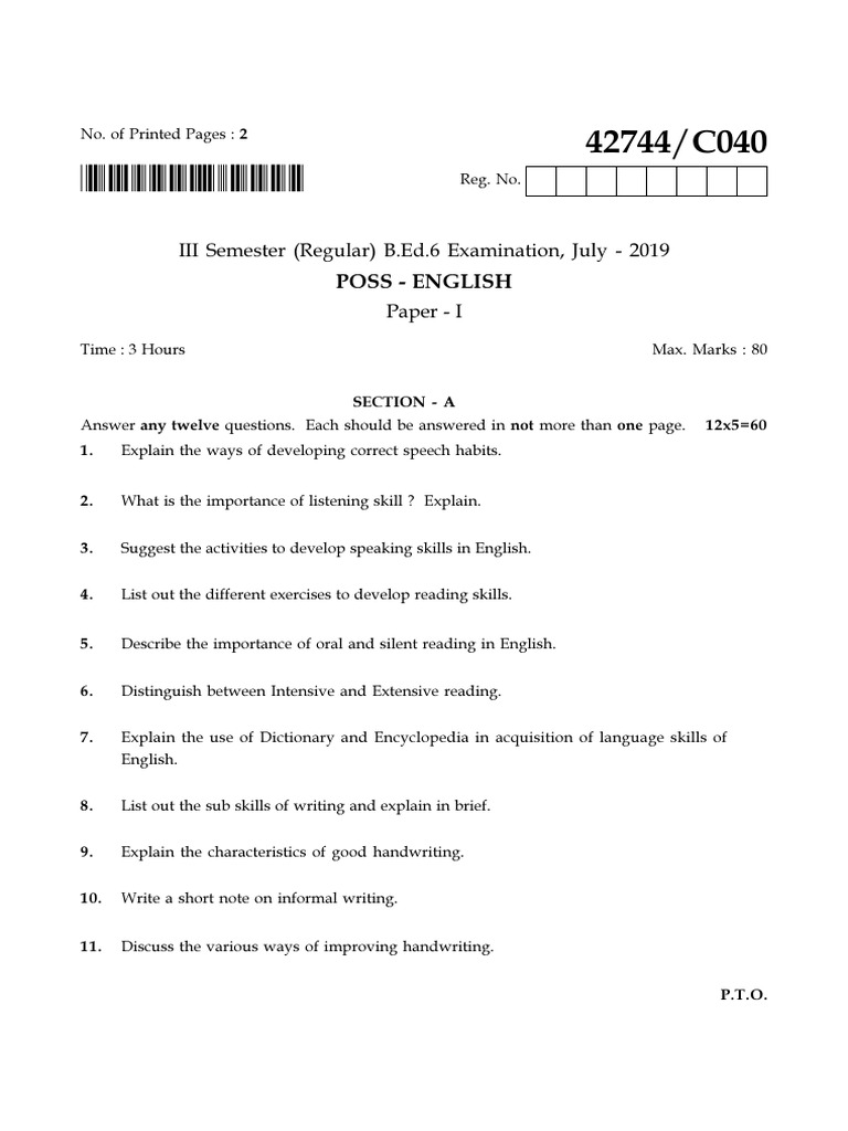 B.Ed. English Exam Paper July 2019 | PDF | Linguistics | Learning
