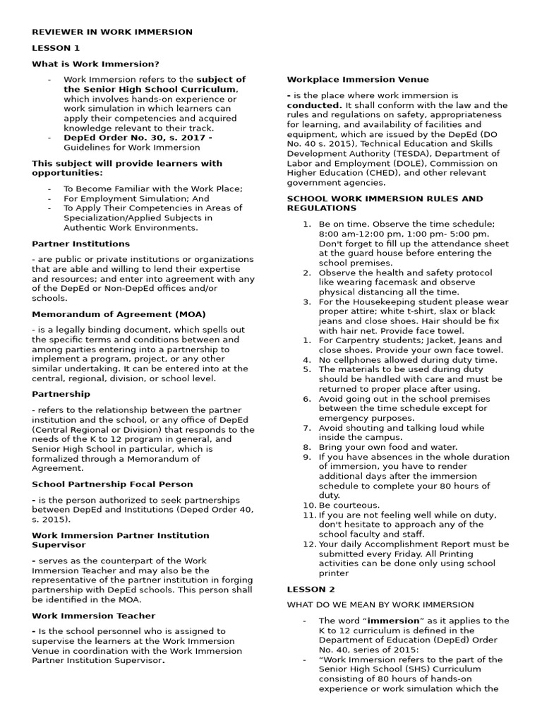 Work Immersion Guidelines for SHS Students | PDF