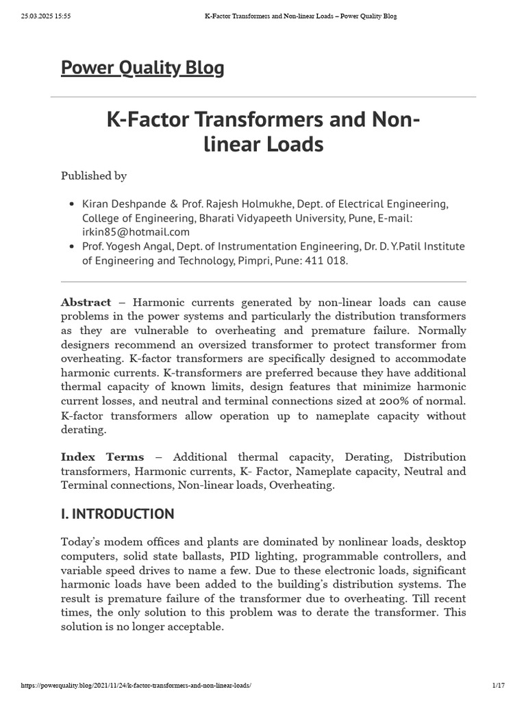 K-Factor Transformers and Non-Linear Loads - Power Quality Blog | PDF ...