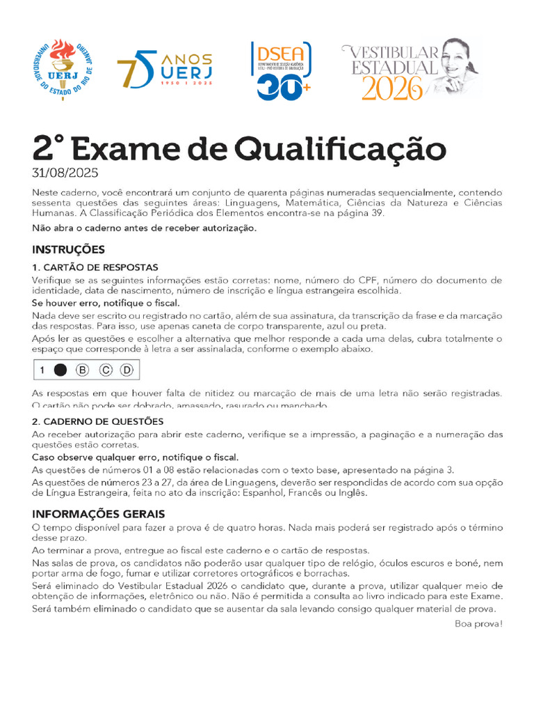Prova Uerj 2 Exame de Qualificacao 2026 | PDF